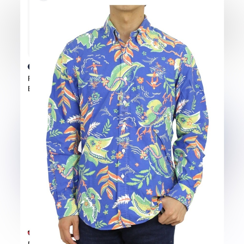 Ralph Lauren Blue and Green Tropical Hawaiian Print Classic Shirt-Size M